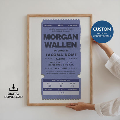 A Blue vintage retro concert ticket stub with custom personalized text for concert gigs bands artists and raves. Perfect for friends family boyfriend girlfriend gift present idea.