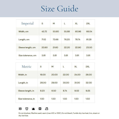 Inclusive high quality T Shirt size guide. Available in sizes S, M, L, XL, 2XL in all colour options.