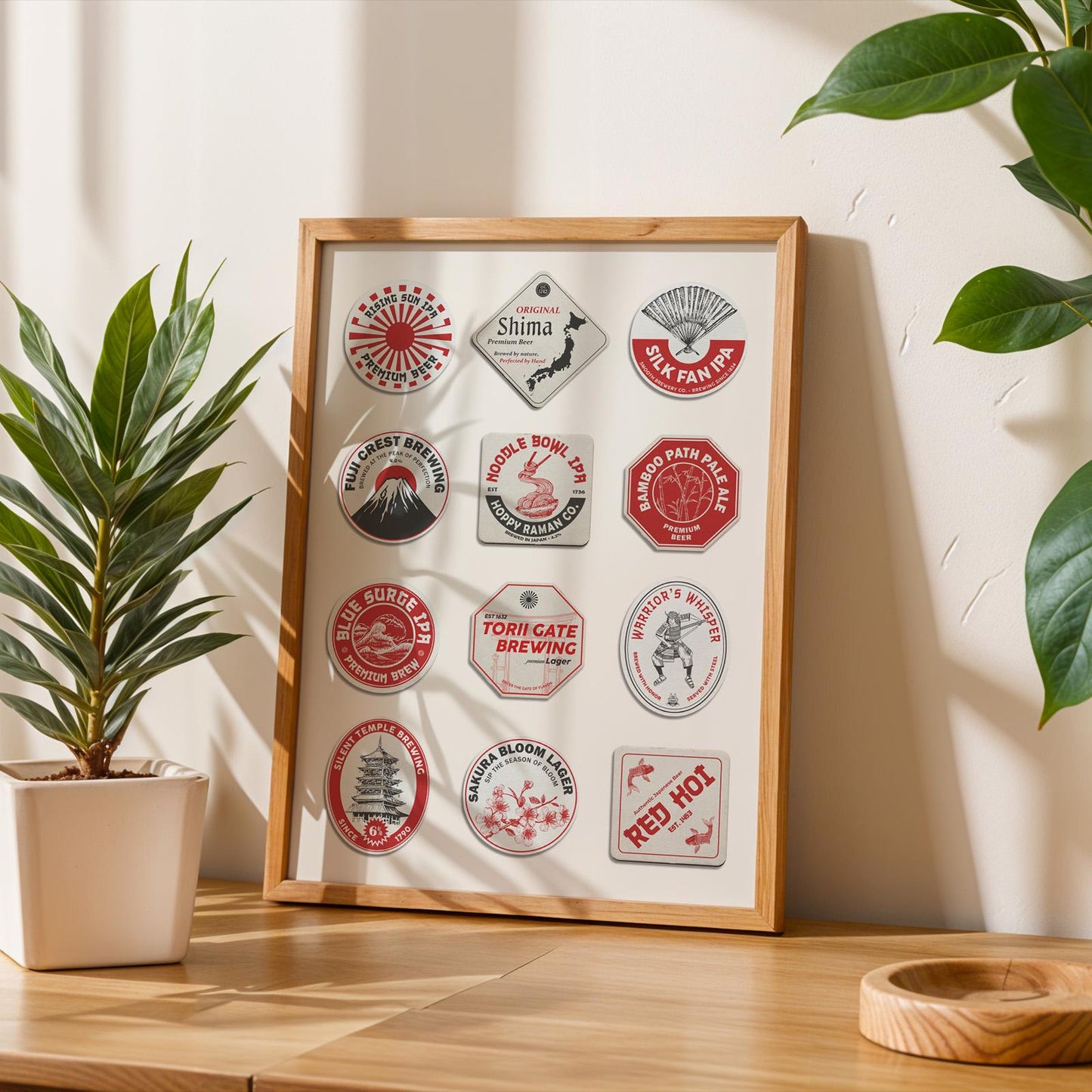 Japanese coaster wall art travel printable file with Hiroshima, Sapporo landmarks, ideal pub beer gift for travellers