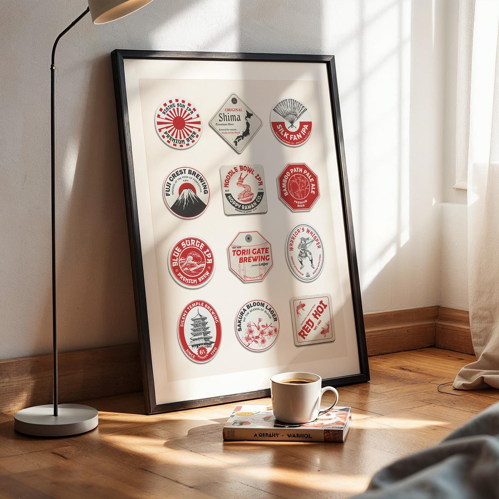 Framed Asia travel coaster art with Tokyo Tower, Nara deer, great for office desk or living room décor.