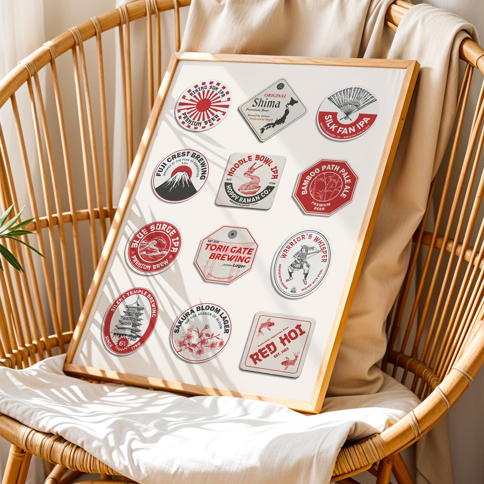 Printable Japan beer mat digital art with famous cities and traditions. Great gift for travellers, pubs, and beer lovers.