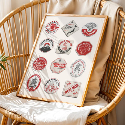 Printable Japan beer mat digital art with famous cities and traditions. Great gift for travellers, pubs, and beer lovers.