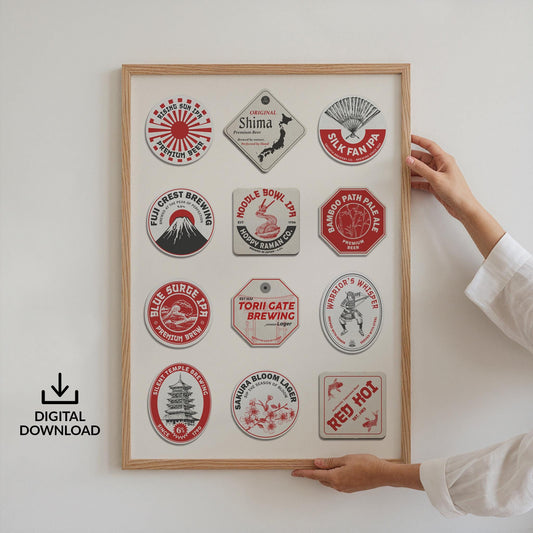 Digital printable Japanese coaster print with Tokyo, Kyoto landmarks. Perfect pub gift for travellers and beer lovers.