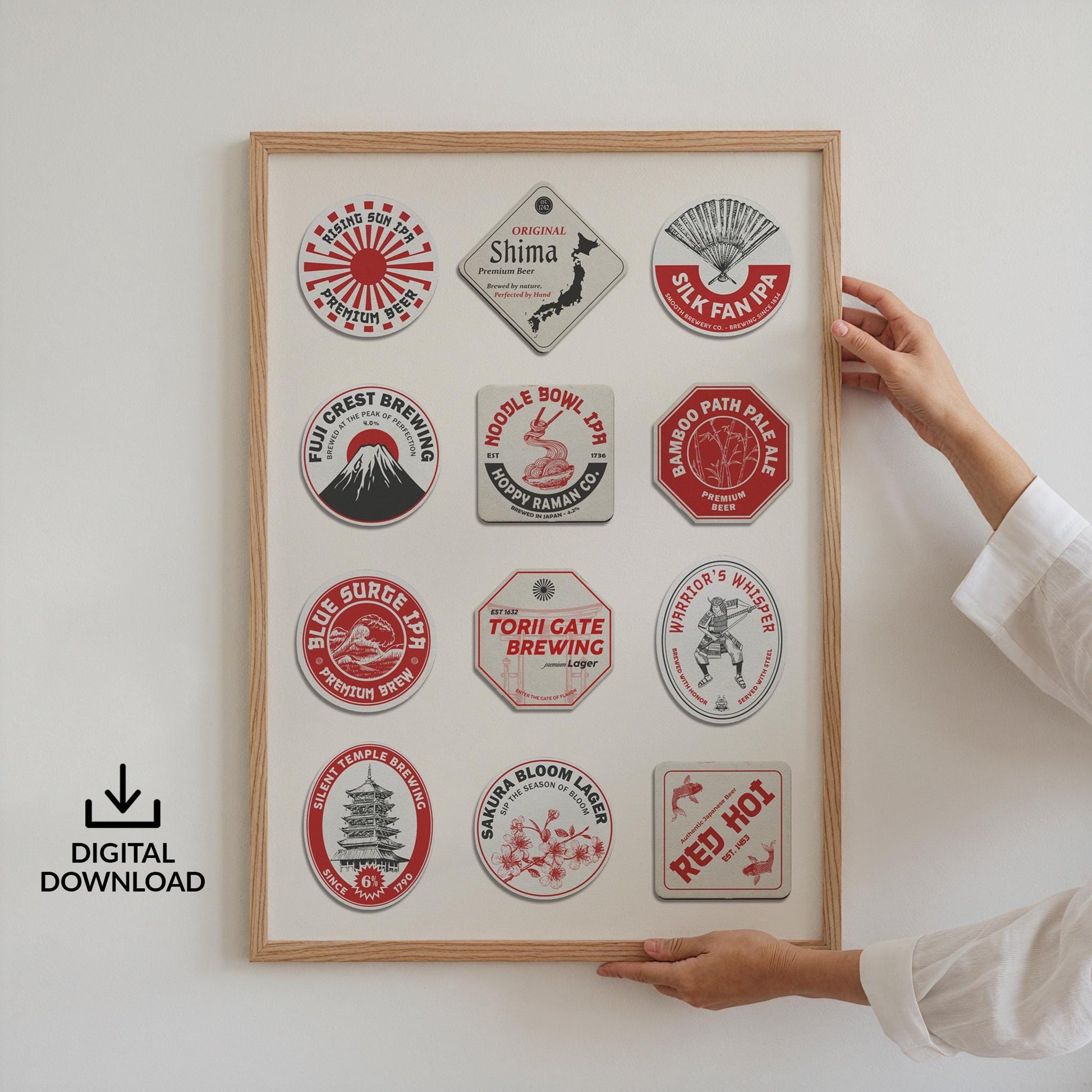 Digital printable Japanese coaster print with Tokyo, Kyoto landmarks. Perfect pub gift for travellers and beer lovers.