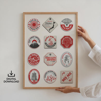 Digital printable Japanese coaster print with Tokyo, Kyoto landmarks. Perfect pub gift for travellers and beer lovers.