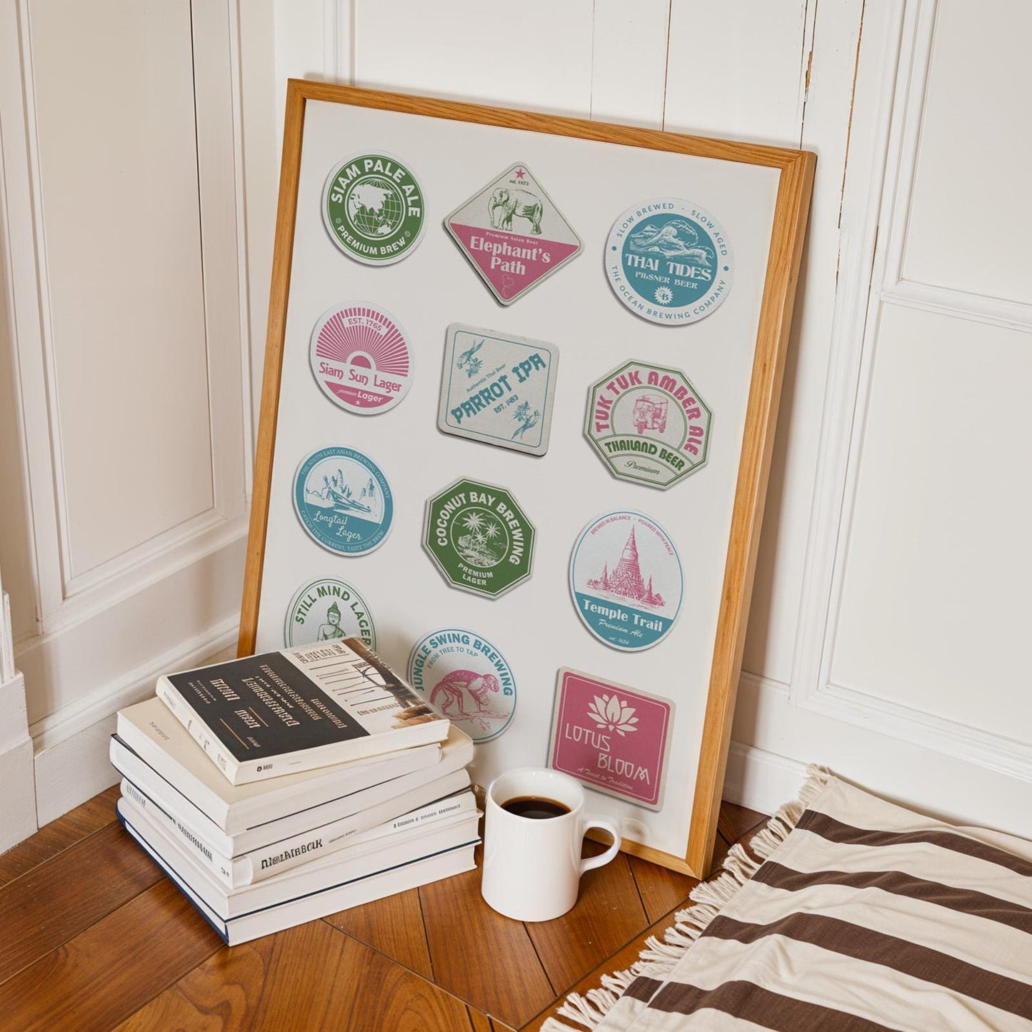 Thailand beer mat framed poster showing iconic cities and beer traditions. Perfect gift for travellers and pubs.