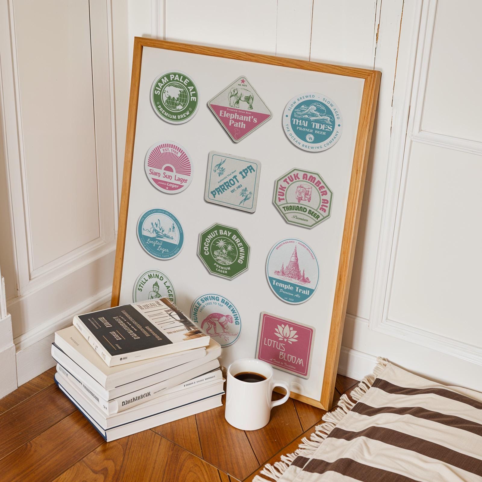 Thailand beer mat framed poster showing iconic cities and beer traditions. Perfect gift for travellers and pubs.