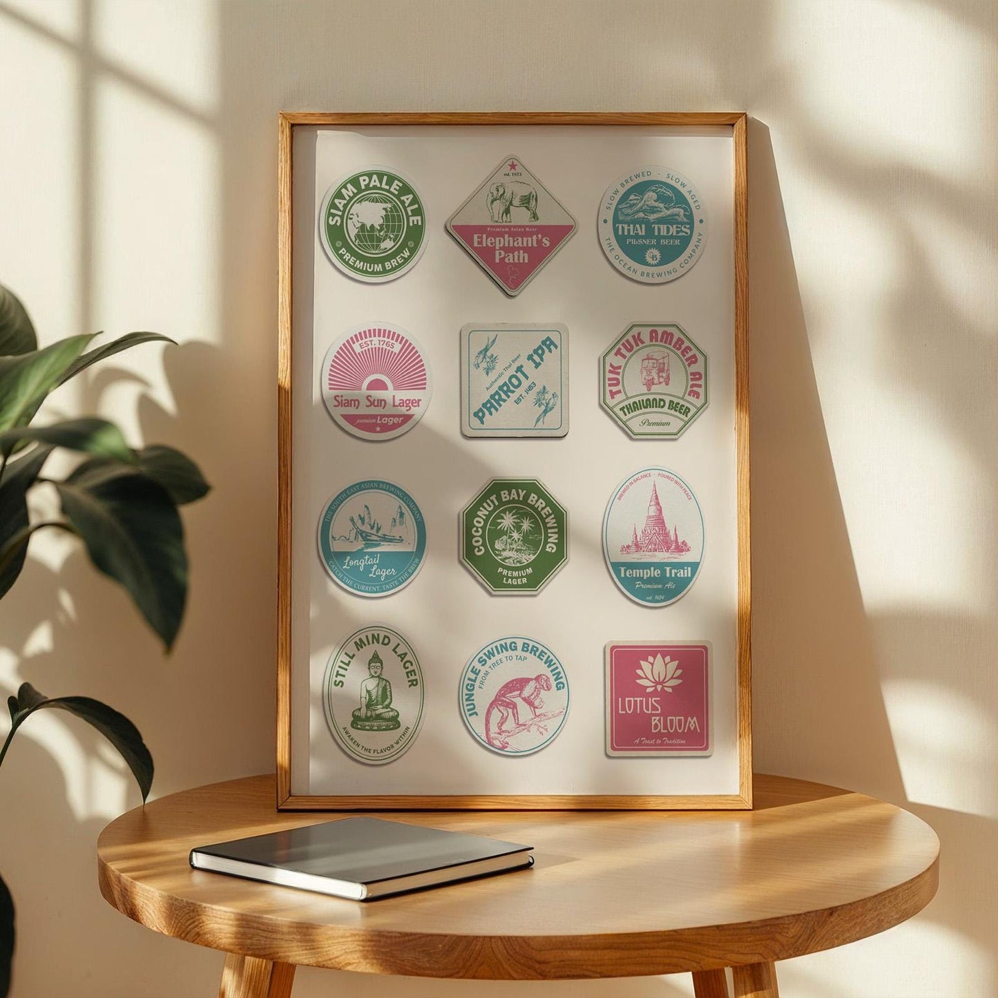Thailand travel beer coaster framed print featuring Phuket and Ayutthaya, ideal gift for beer and pub enthusiasts.