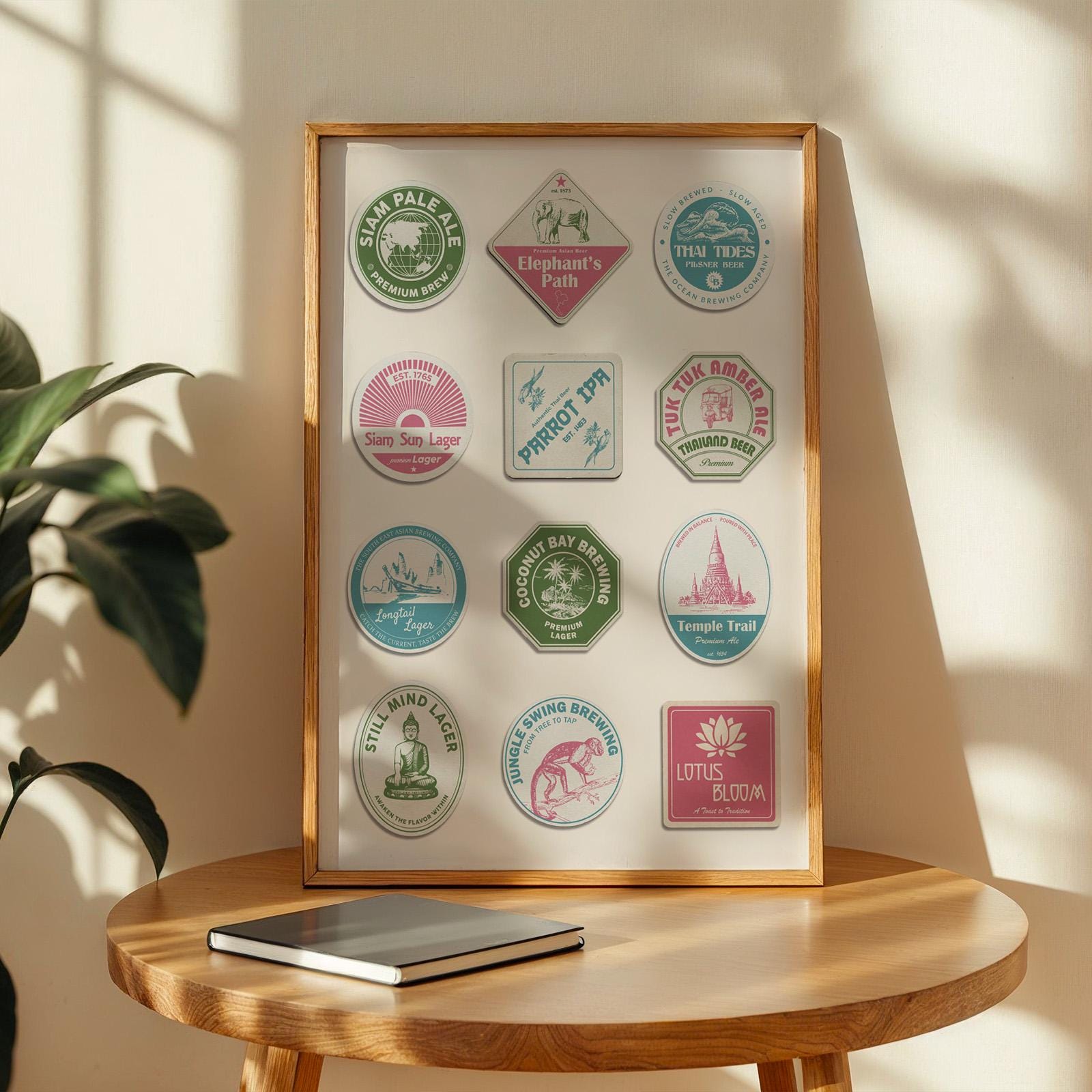 Thailand travel beer coaster framed print featuring Phuket and Ayutthaya, ideal gift for beer and pub enthusiasts.