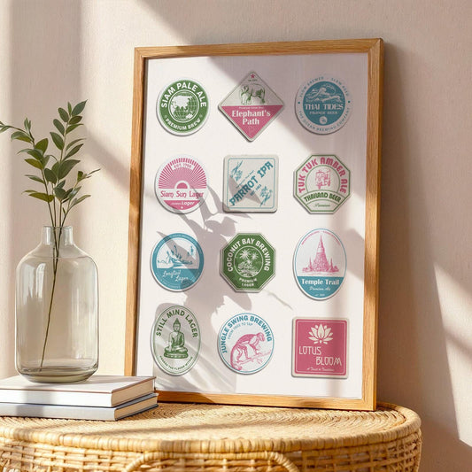 Framed Thailand beer mat poster with Bangkok and Chiang Mai landmarks. Perfect pub gift for travellers and beer lovers.