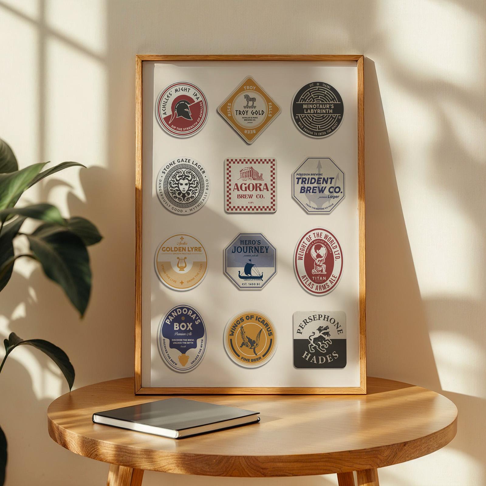 Printable beer mat featuring Athena, Poseidon, and Greek myths. bedroom office art digital file for pub fans and travellers.