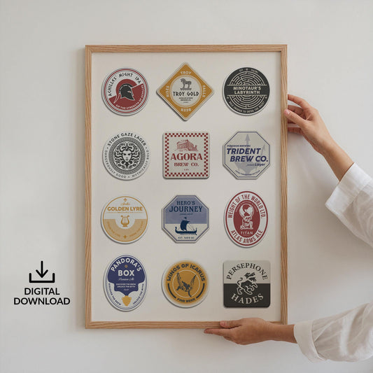 Digital Greece Myth pub art with Zeus, Hera, Mount Olympus. Printable pub gift for man cave decor beer and myth lovers.