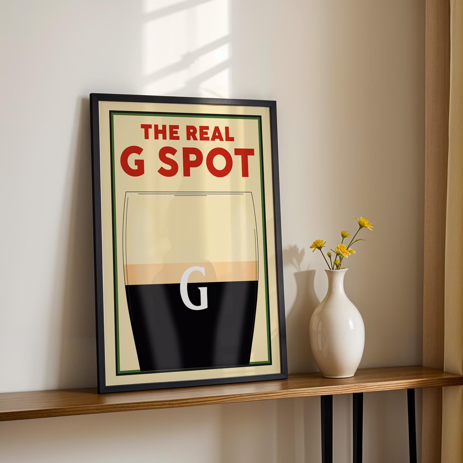 Bold and funny beer print with pint glass and classic pun, framed and ready for any pub themed room.