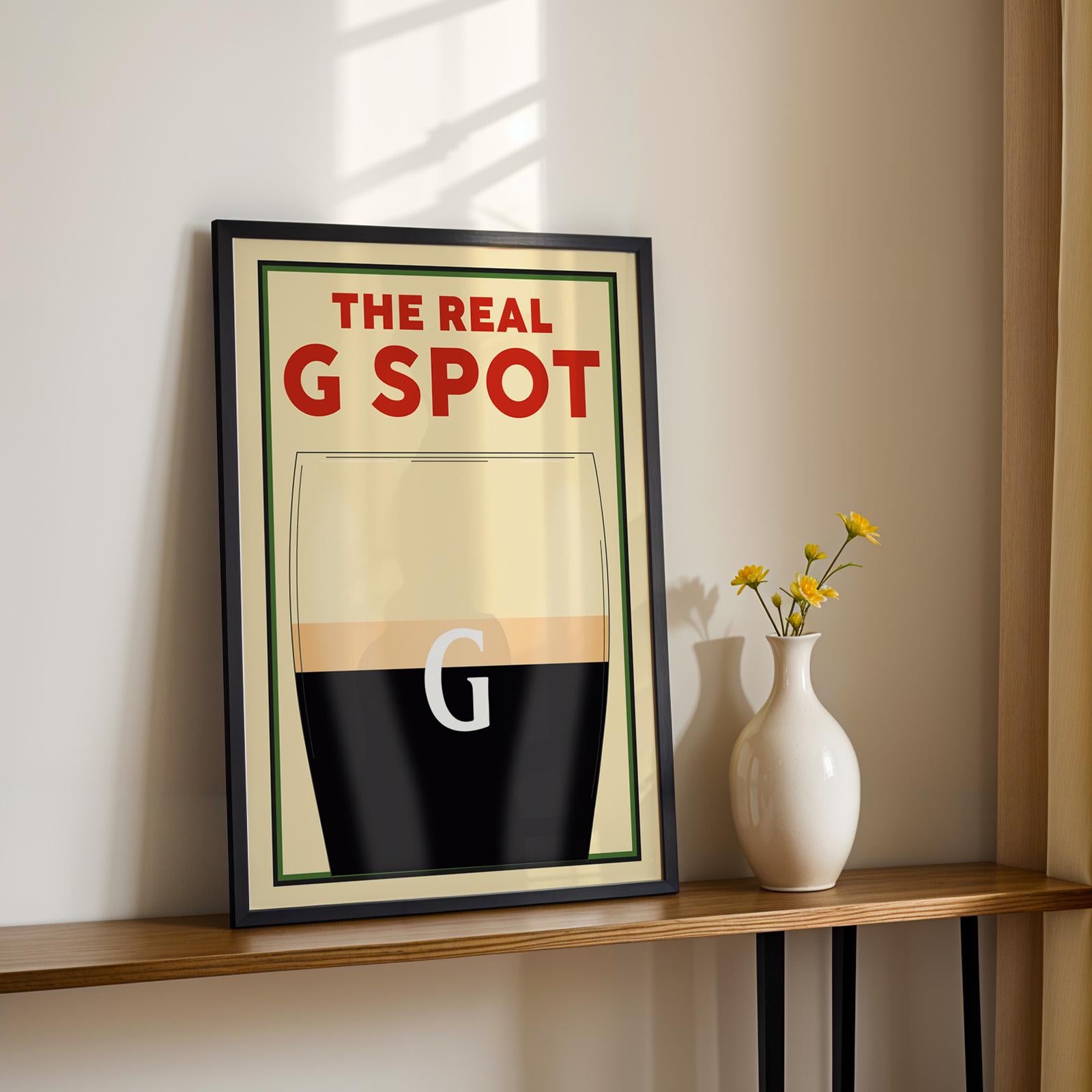 Bold and funny beer print with pint glass and G spot pun, framed and ready for any beer-themed room.