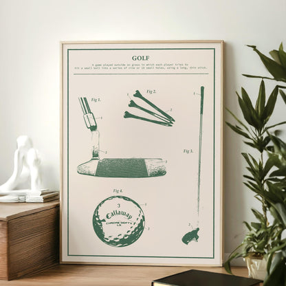 Rustic golf patent blueprint print framed and leaning on wooden surface, showcasing detailed clubs, ball, and tee diagram.