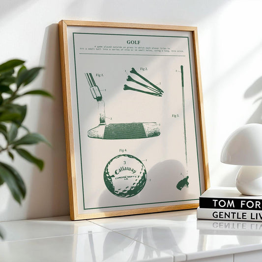 Blueprint style Green rustic golf print featuring diagram style images of clubs, ball tee and more.