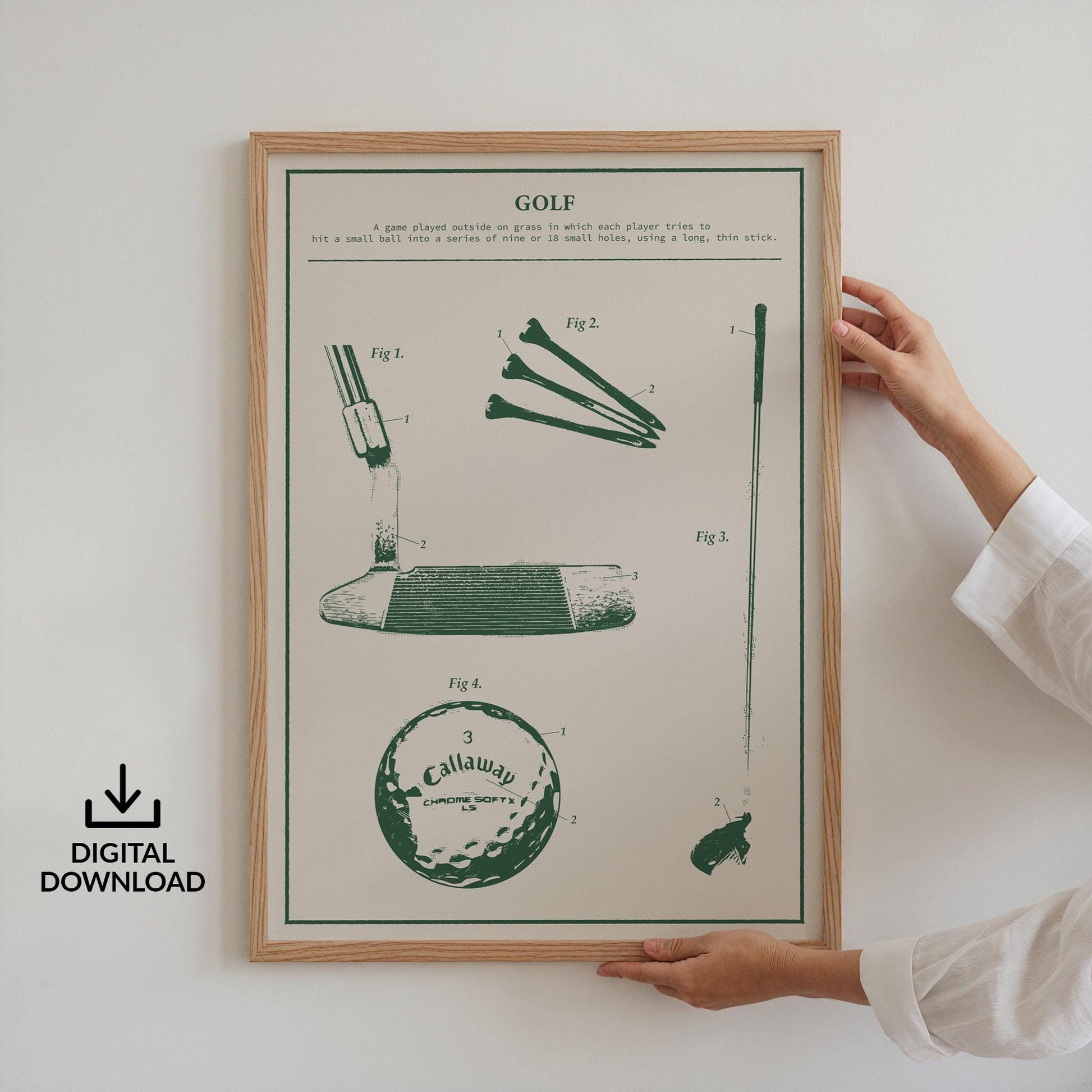 digital file schematic golf print leaning on table, vintage patent art, perfect golf gift.