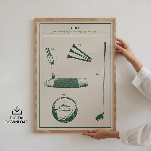 digital file schematic golf print leaning on table, vintage patent art, perfect golf gift.