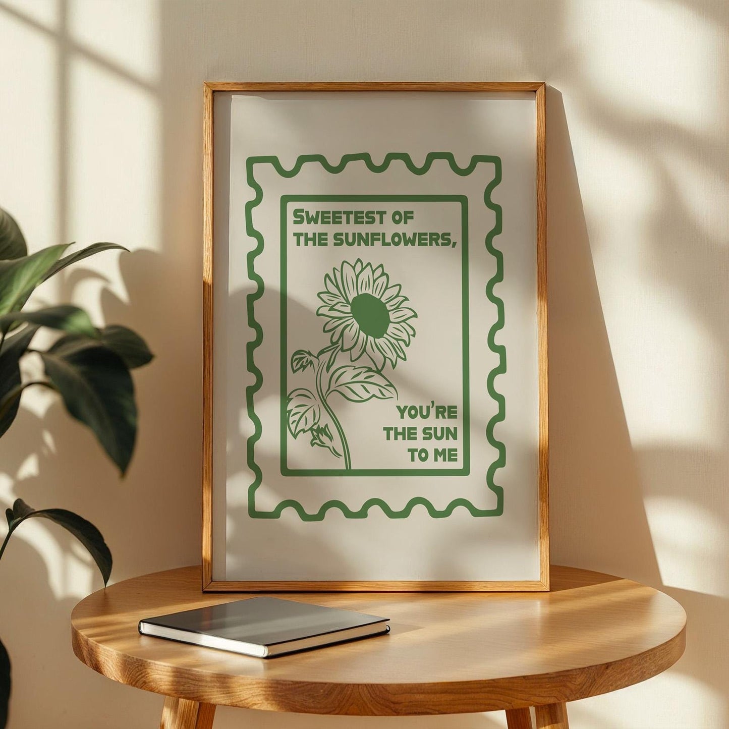 Western lyric print framed, sunflower drawing with stamp detail, cowgirl vibe, green colour, ideal country music gift.
