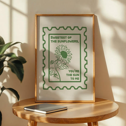Western lyric print framed, sunflower drawing with stamp detail, cowgirl vibe, green colour, ideal country music gift.