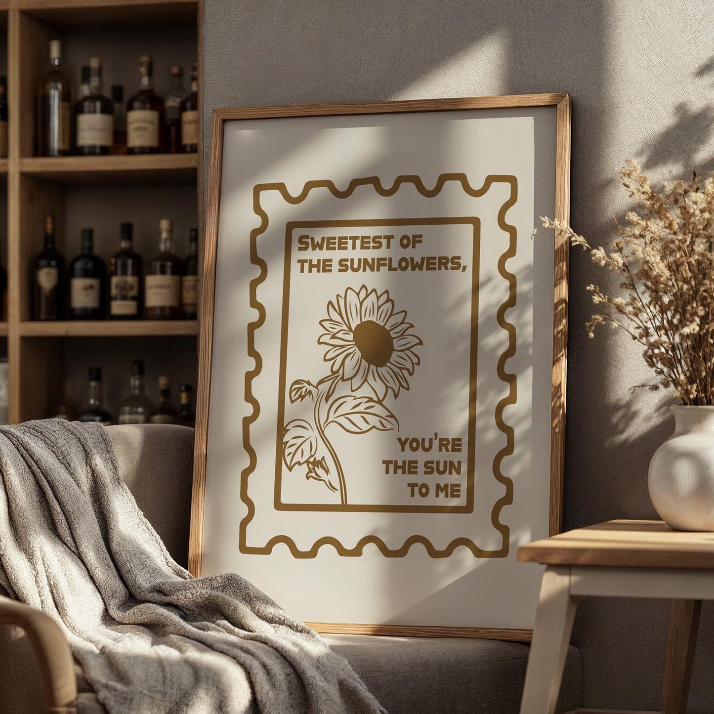 Western-style lyric print framed, sunflower drawing with stamp accent, leaning in kitchen, ideal rodeo gift idea.