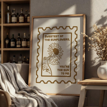Western-style lyric print framed, sunflower drawing with stamp accent, leaning in kitchen, ideal rodeo gift idea.