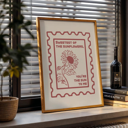 Framed country lyric poster with sunflower art, stamped trendy edge, leaning on counter, perfect rodeo gift in various sizes.