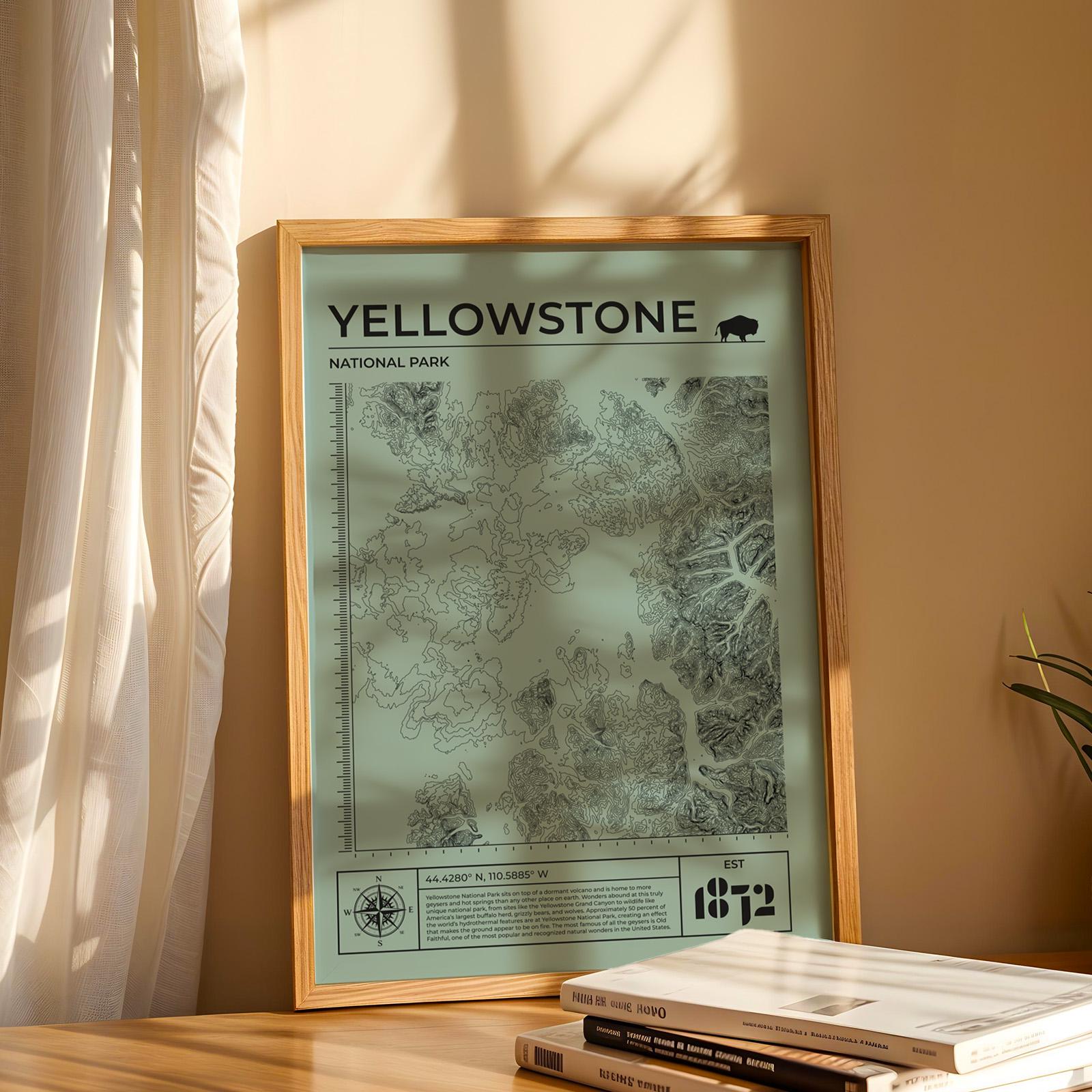Green Yellowstone topographic art print, framed and leaning, great nature lover’s gift in various sizes.