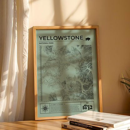 Green Yellowstone topographic art print, framed and leaning, great nature lover’s gift in various sizes.