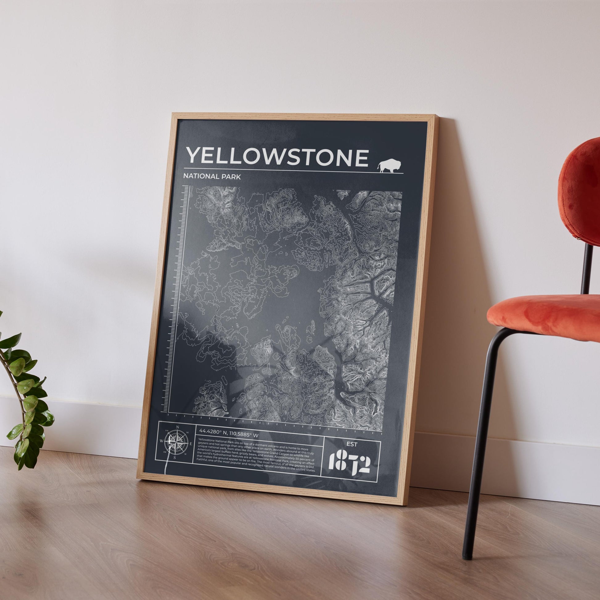 Yellowstone vintage topography print framed in slate color, ideal gift for hikers and camping enthusiasts.