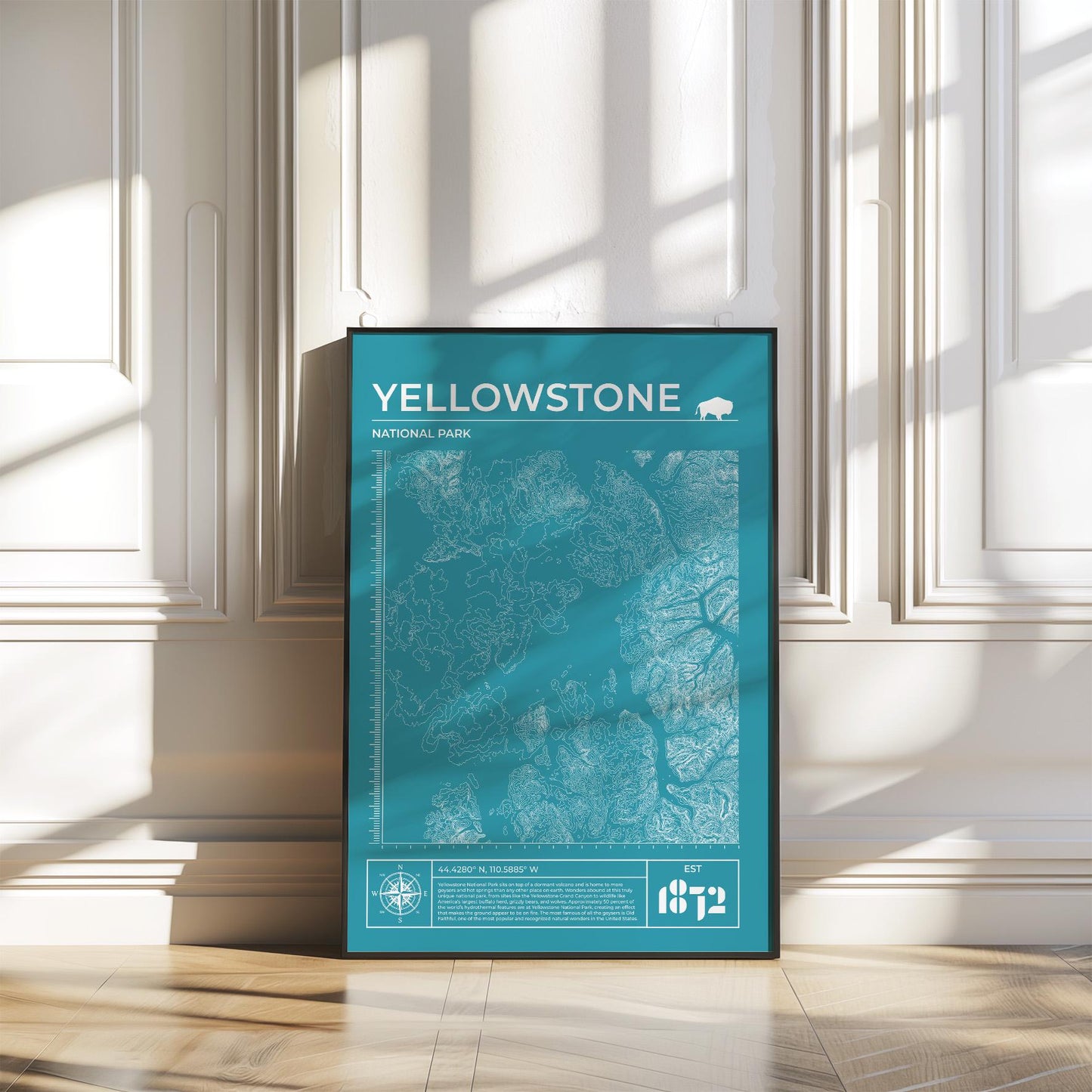 Blue Yellowstone topographic art print, framed and leaning, ideal gift for outdoor and nature lovers.