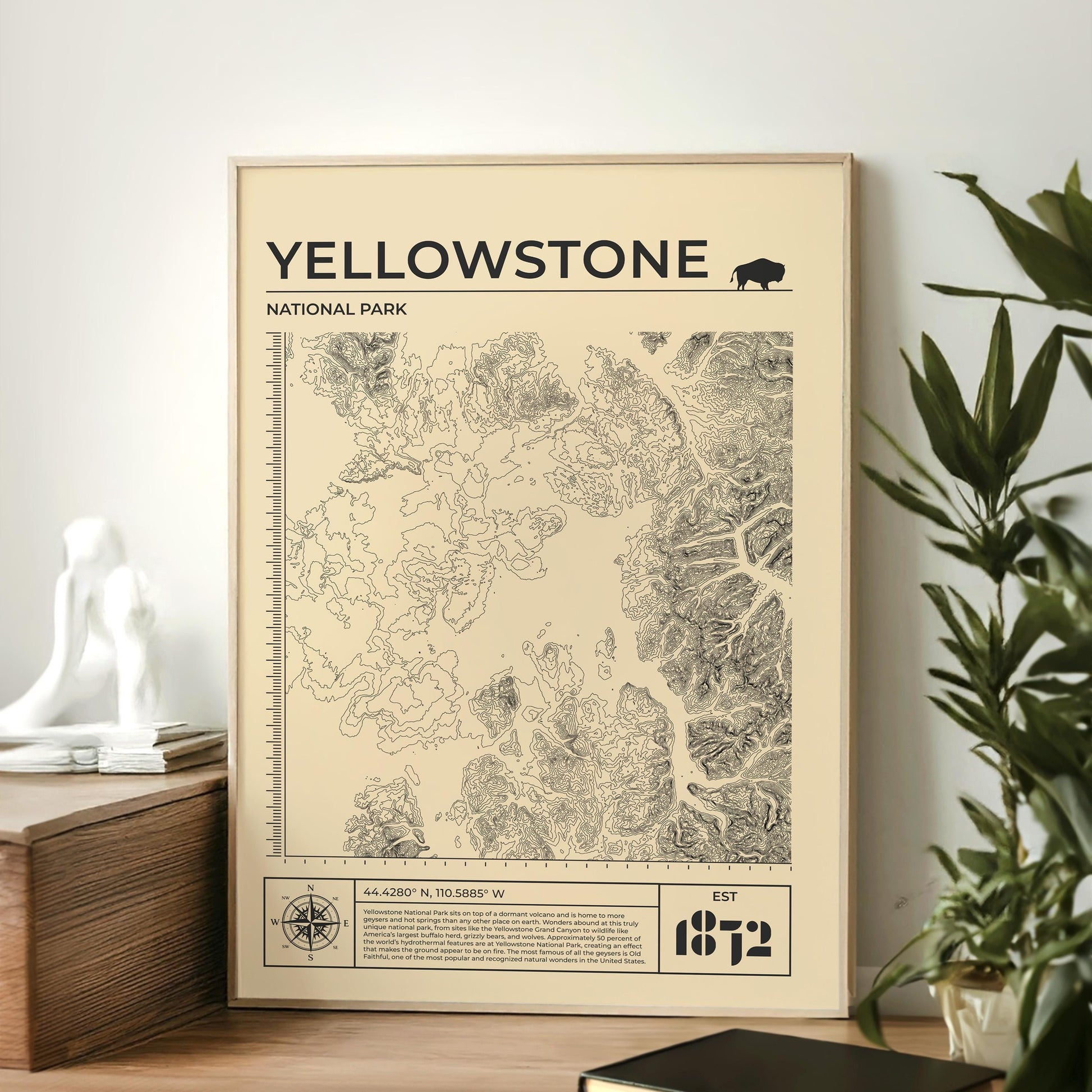Yellow Yellowstone topography print in frame, perfect for hikers and camping fans, available in various colors.