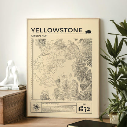 Yellow Yellowstone topography print in frame, perfect for hikers and camping fans, available in various colors.