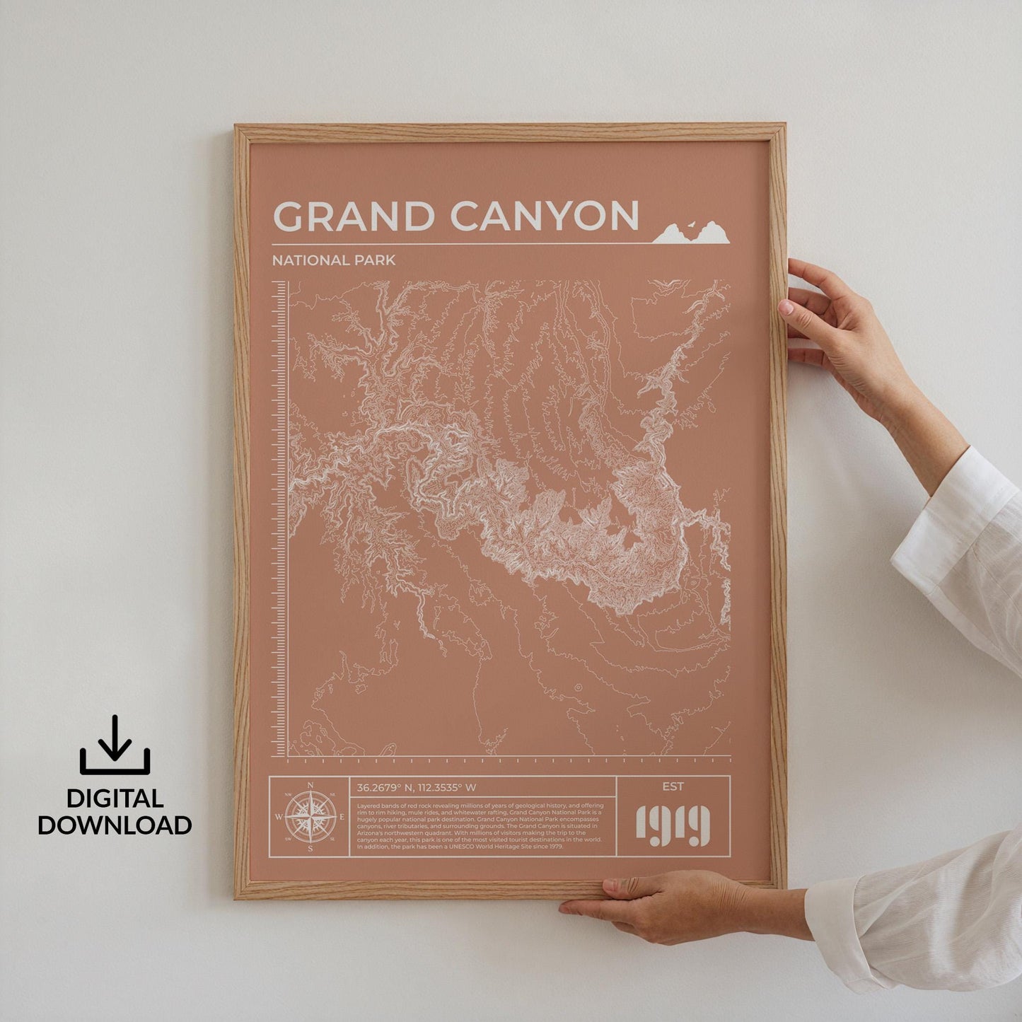 Digital download Grand Canyon topographic art file in terracotta, perfect gift for nature and hiking lovers.