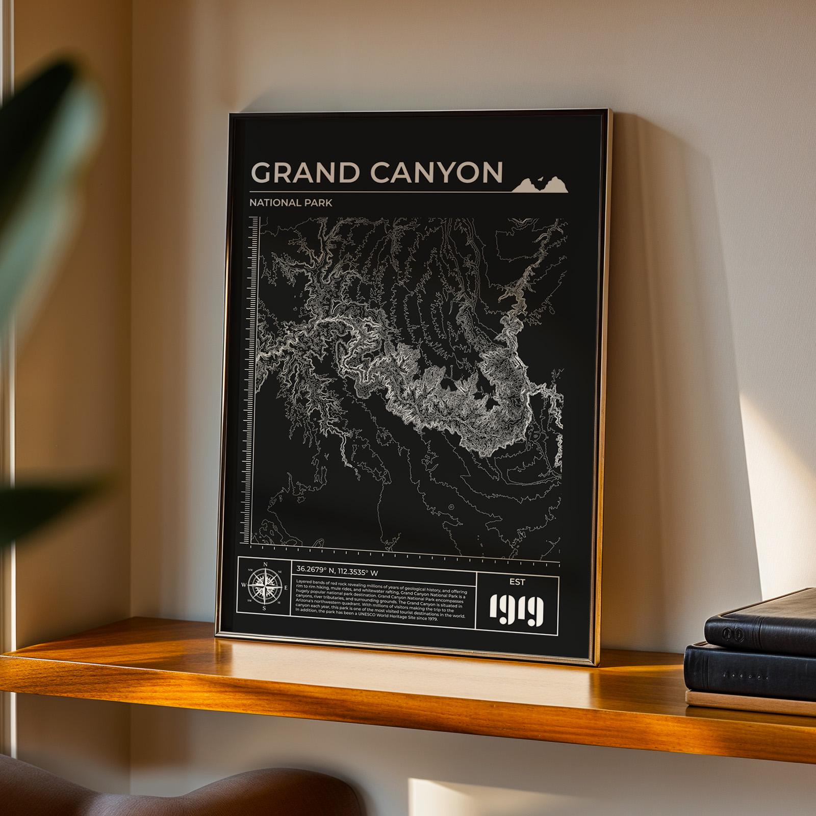 Classic black Grand Canyon topographic print in frame, perfect gift for outdoor adventure lovers.