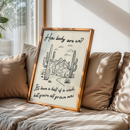 Rodeo-inspired wild west lyric poster with “how lucky are we?”, unique wall art for country music fans
