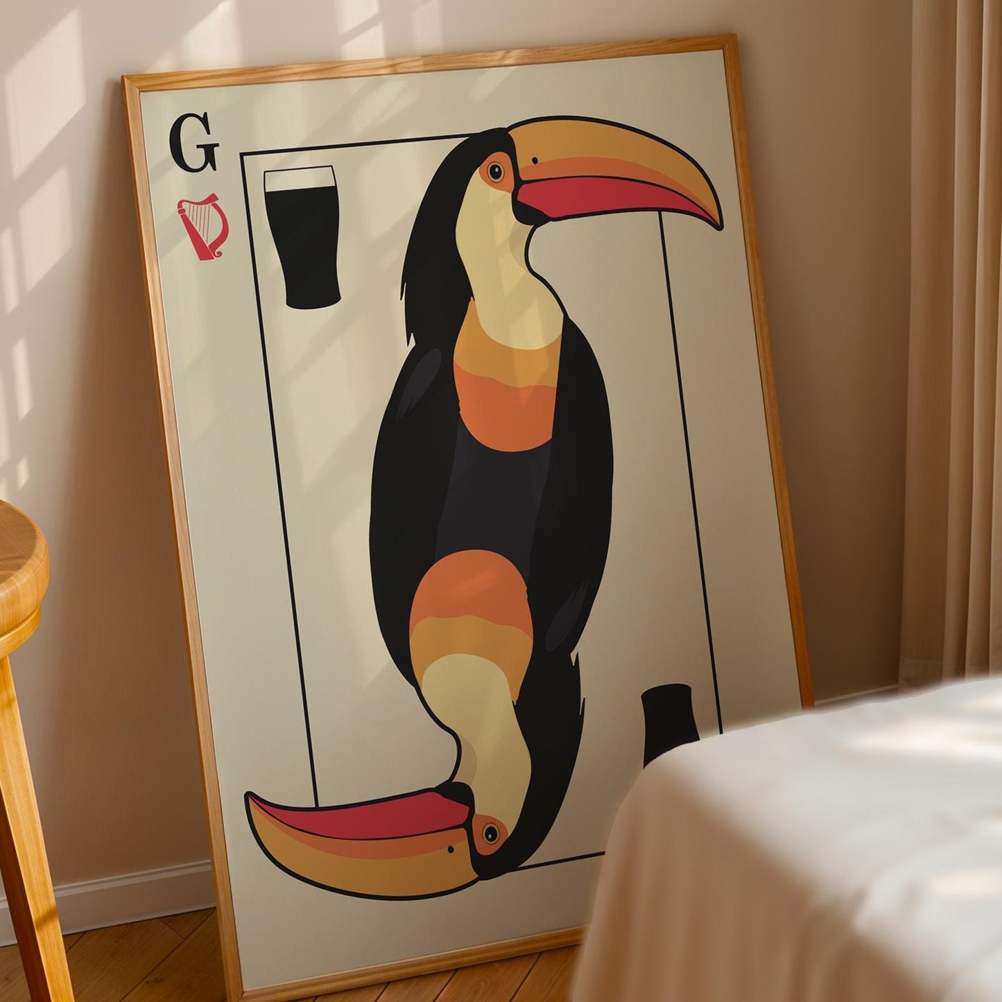 Printable wall art with toucan playing card in bold classic colours, perfect for dads and pint lovers. Unique Framed art