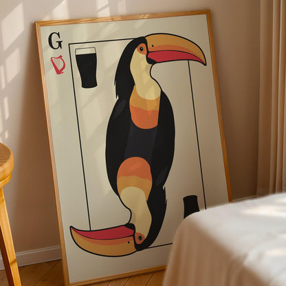 Printable wall art with toucan playing card in bold classic colours, perfect for dads and pint lovers. Unique Framed art