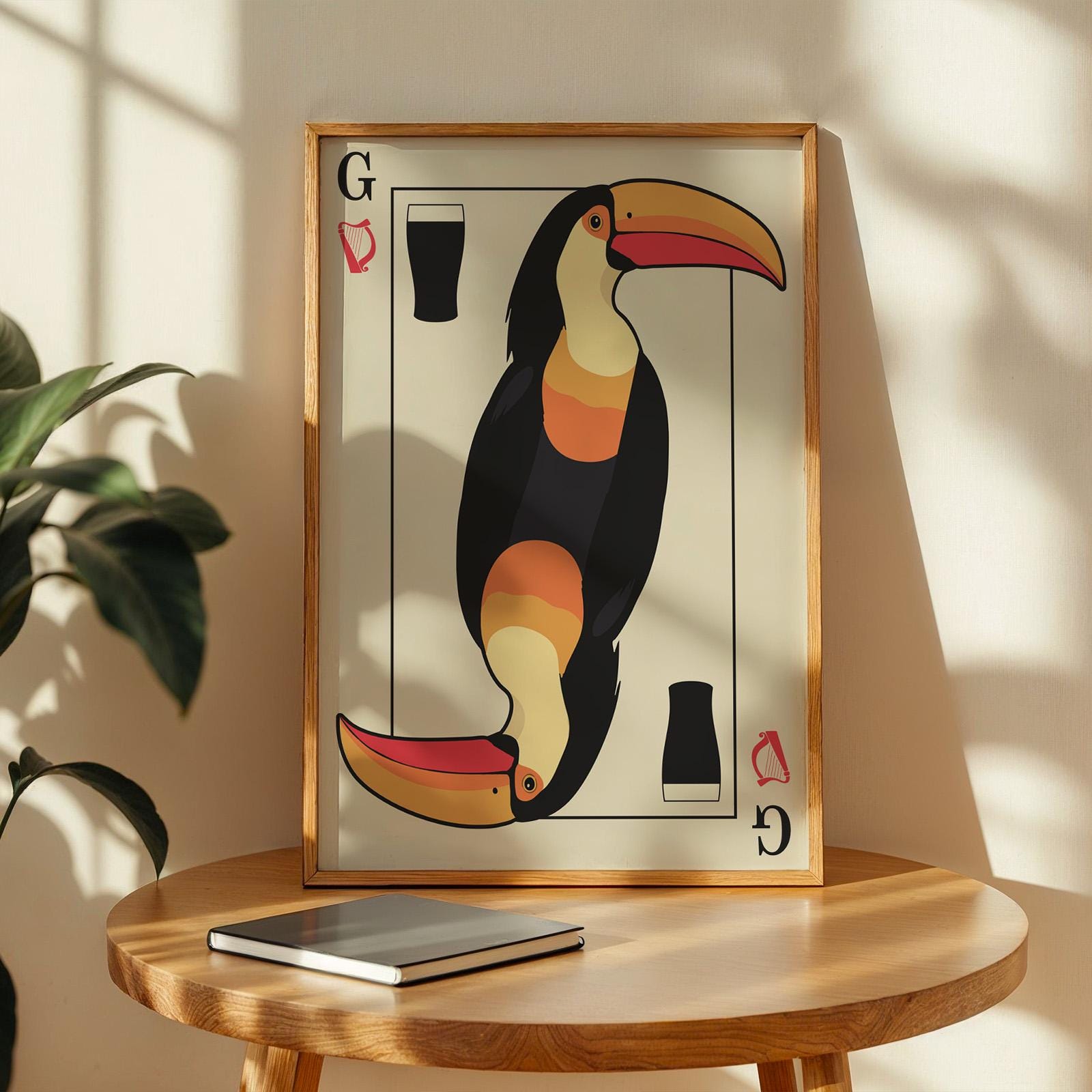 Printable poster with bold toucan design on playing card, ideal gift for beer-loving dads and boyfriends