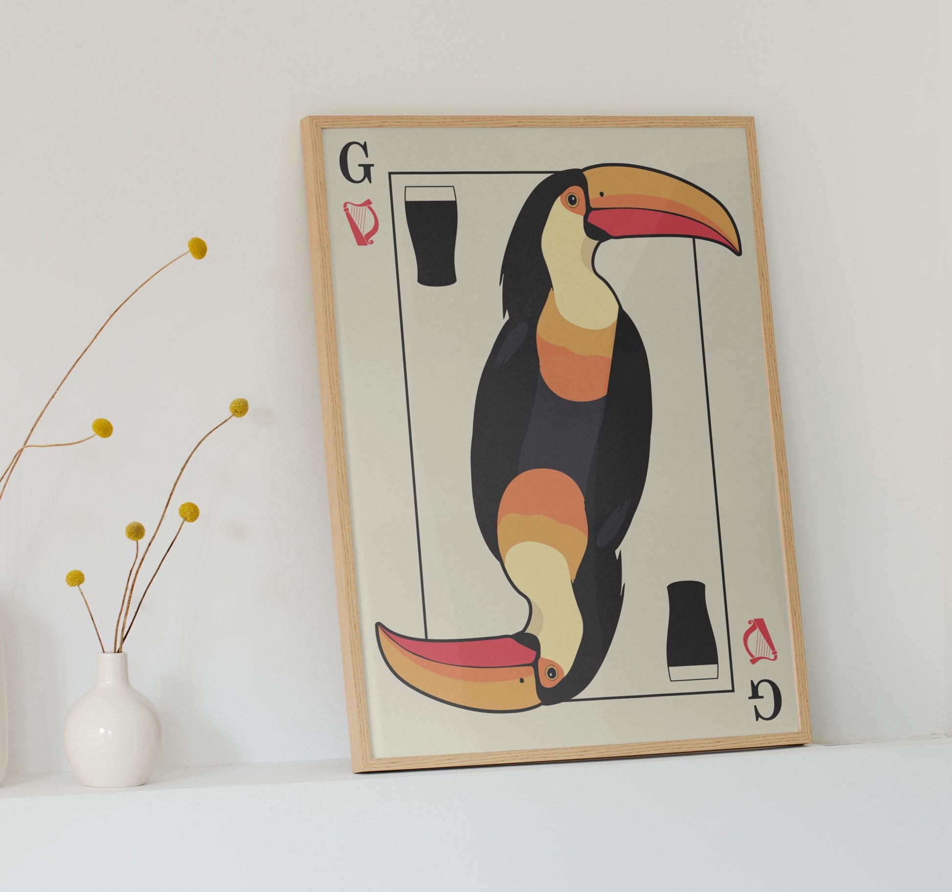 Dark-toned toucan poster with playing card layout, great digital gift for men who enjoy beer and pub culture. Split The G Art