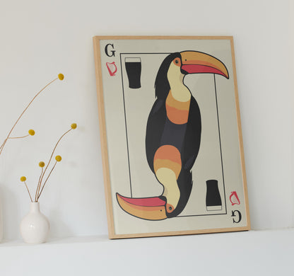 Dark-toned toucan poster with playing card layout, great digital gift for men who enjoy beer and pub culture. Split The G Art