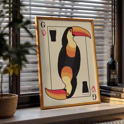 Instant download toucan playing card art in vintage style, great digital gift for pub and pint enthusiasts.