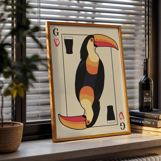 Playing card poster with bold toucan design in classic black, white, and gold, perfect gift for beer and pub fans.