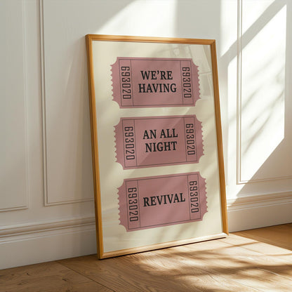 download file country lyric poster featuring “all night revival” on vintage tickets, perfect for music lovers. Art in bedroom