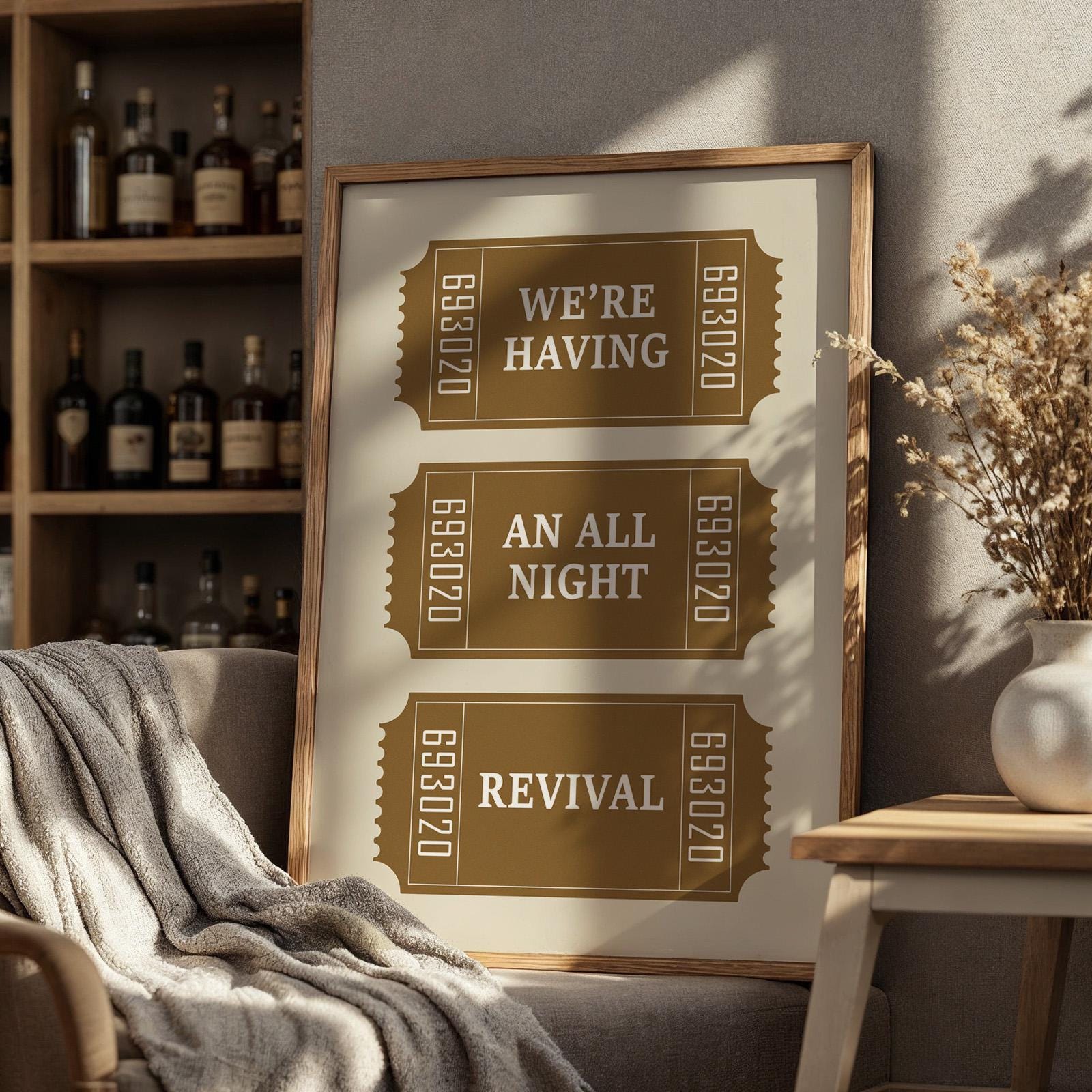 Digital western lyric art with ticket stub design and country phrase in kitchen. ideal for printable home décor.