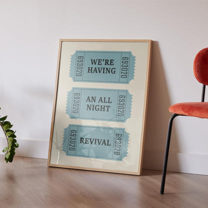 Western-style digital poster with “we&#39;re having an all night revival” on vintage tickets, perfect for DIY décor.