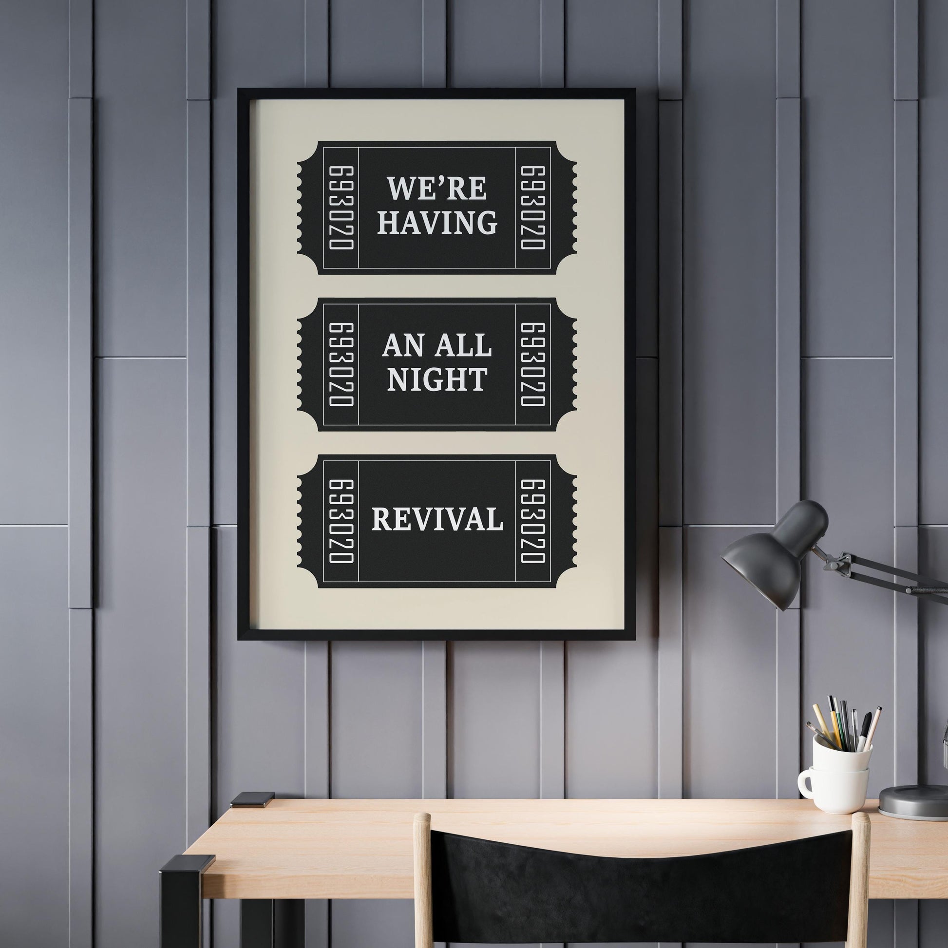Country music digital print with ticket stub design and revival lyric, great for rustic or western home décor.