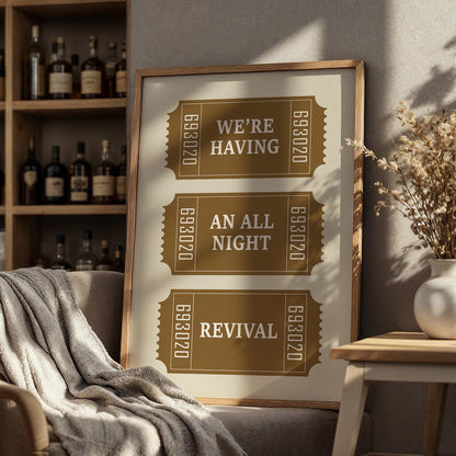 Colourful all night revival lyric poster with retro ticket stub design, perfect wall art for country music lovers and fans.