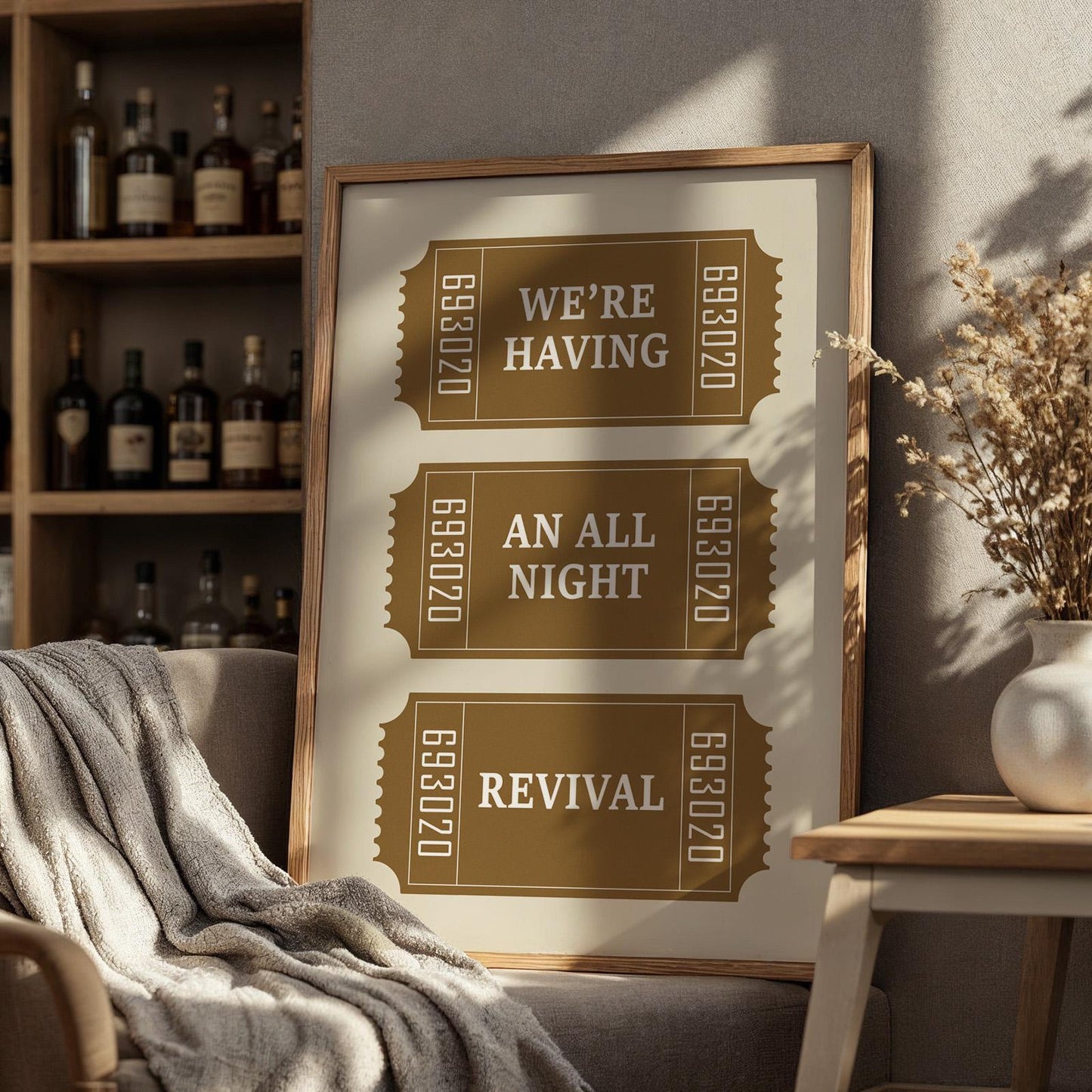 Colourful all night revival lyric poster with retro ticket stub design, perfect wall art for country music lovers and fans.