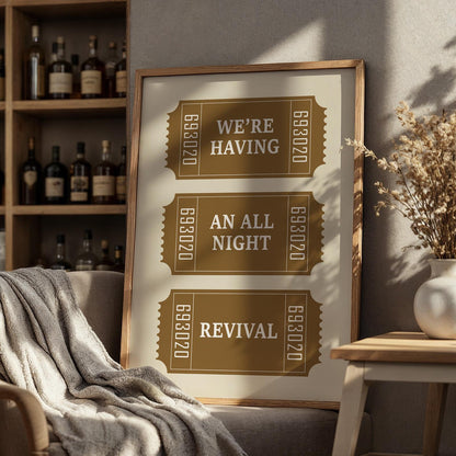 Colourful all night revival lyric poster with retro ticket stub design, perfect wall art for country music lovers and fans.